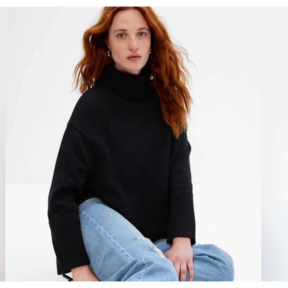 Gap Black Oversized 24/7 Split-Hem Turtleneck Sweater Super Soft Sz Large